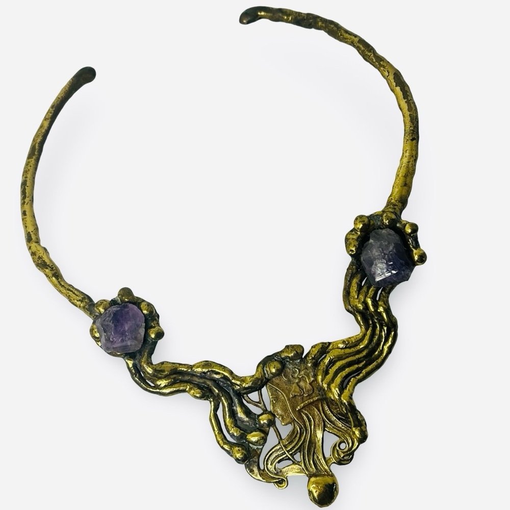 Brutalist Artisan Art Nouveau Brass Gold Tone Raw Amethyst  Choker Necklace